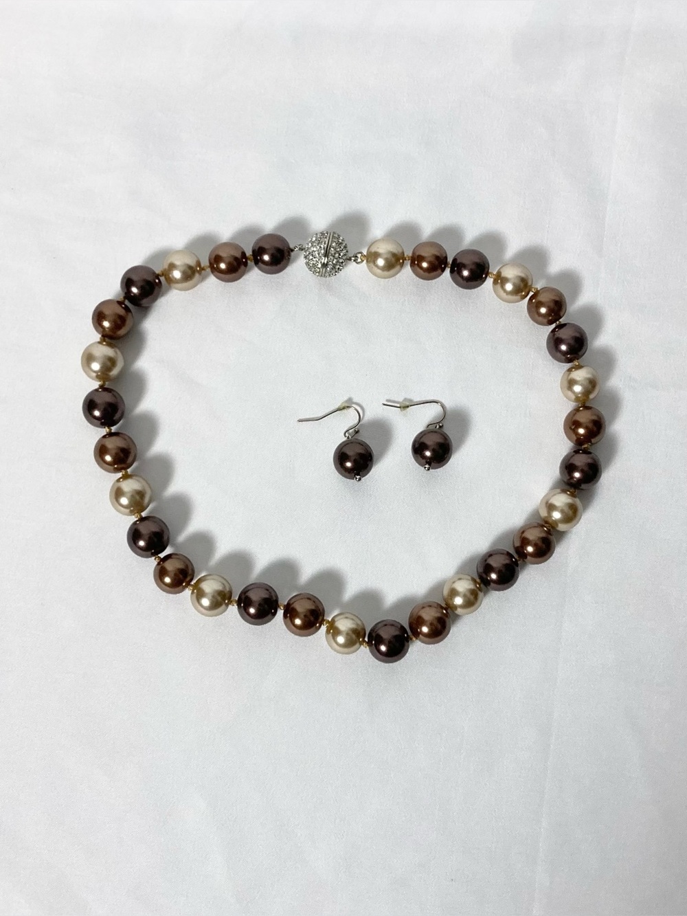 Neutrals Cream And Brown Large Faux Pearls Beaded Necklace And Earrings Set